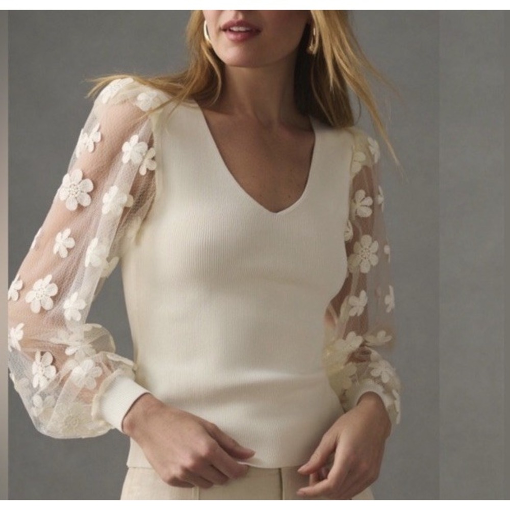 DOLAN Sheer Sleeve Applique SWEATER Top M Anthropologie 3D Cream V Neck Sz M